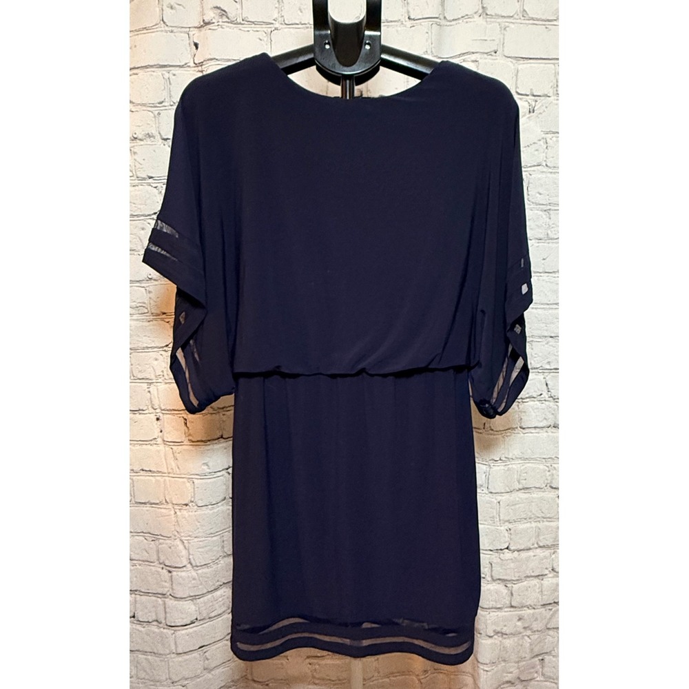 Jessica Howard Navy Blue Popover Draped Back Mesh Trim Dress 10P